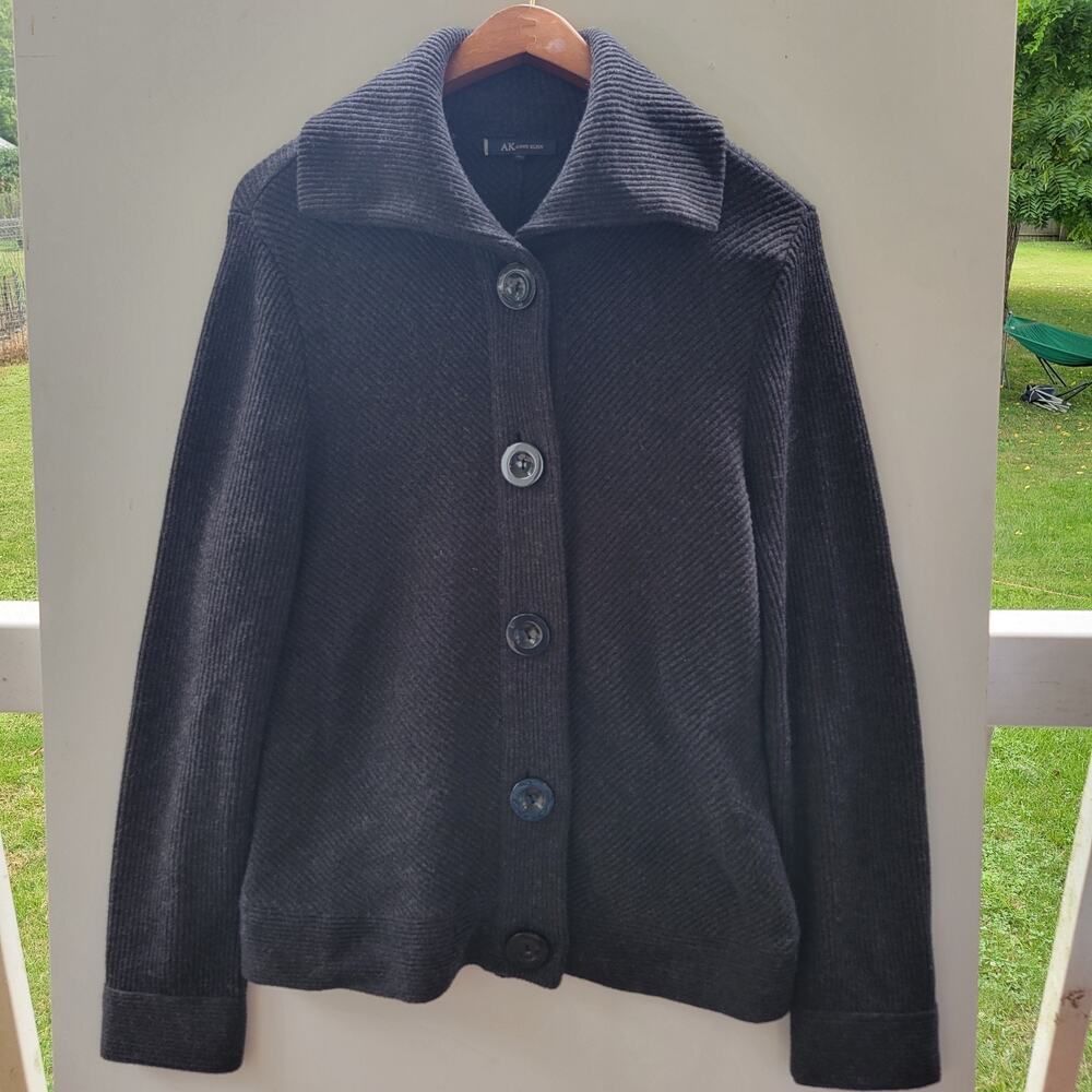 Anne Klein Minimalist Prep Gray Charcoal‎ wool Blend long sleeve cardigan SZ L